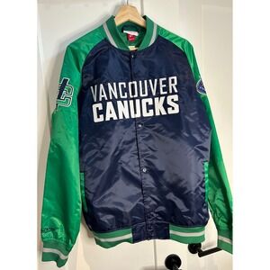 Mitchell & Ness Vancouver Canucks NHL Satin Varsity Jacket‎ Navy Green Mens MT